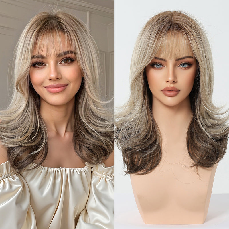Full-Head Wig with Natural-Looking Side-Swept Bangs and Long Curls for a Relaxed,